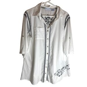 Bleu Bayou Womens XL White Cotton Embroidered Button Front Roll Tab Sleeve Top